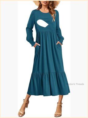 Nursing Dress Flowy Long Sleeve Smocked Cuffs Tiered Cocktail Midi Dress with